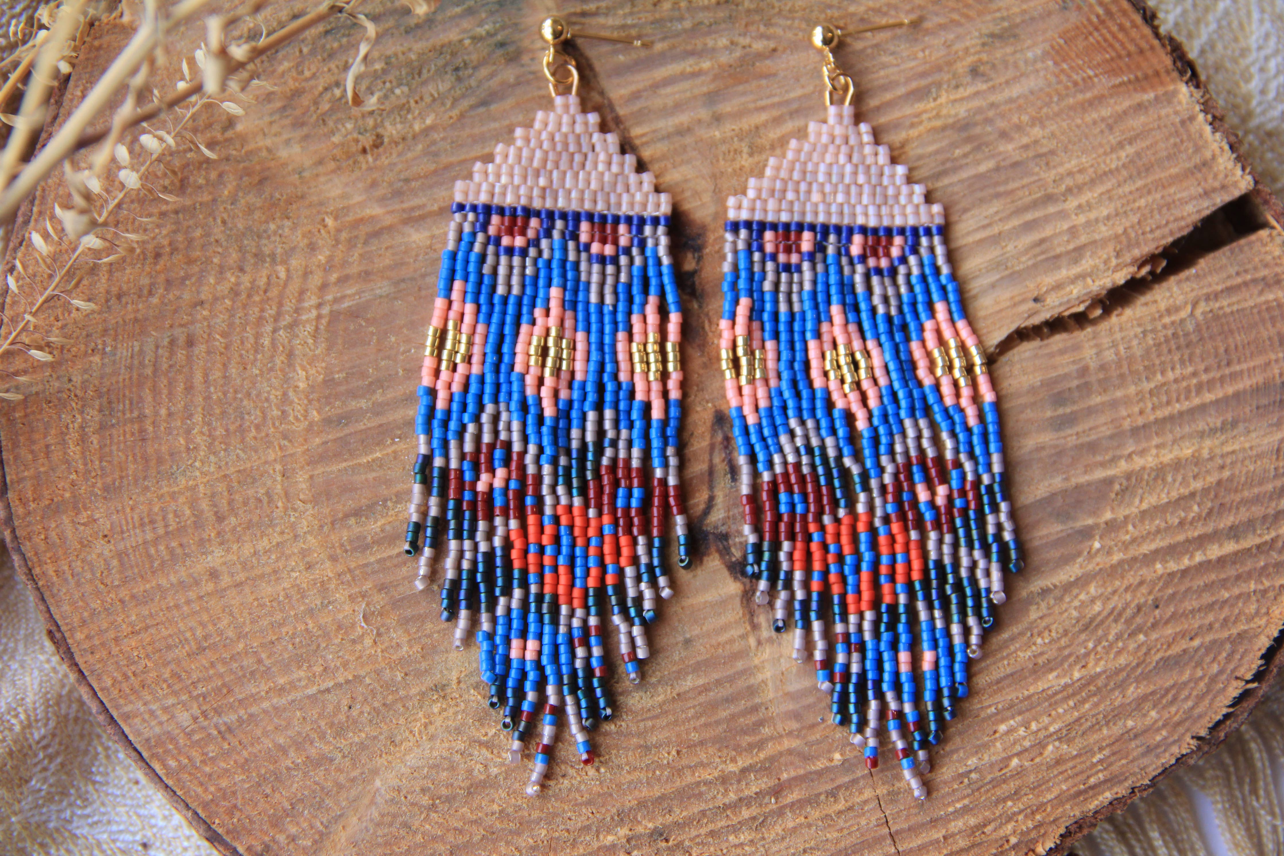 Beaded Handwoven Huipil Fringe Earrings (Ocean Sunset)