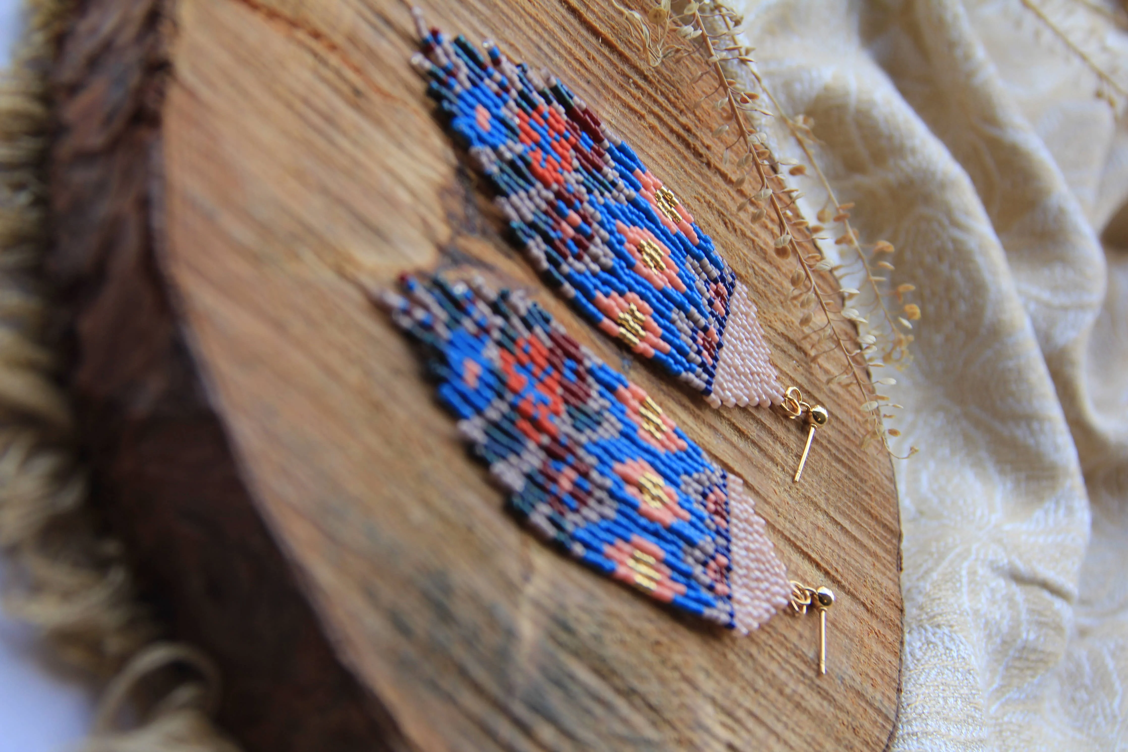 Beaded Handwoven Huipil Fringe Earrings (Ocean Sunset) - Image 2
