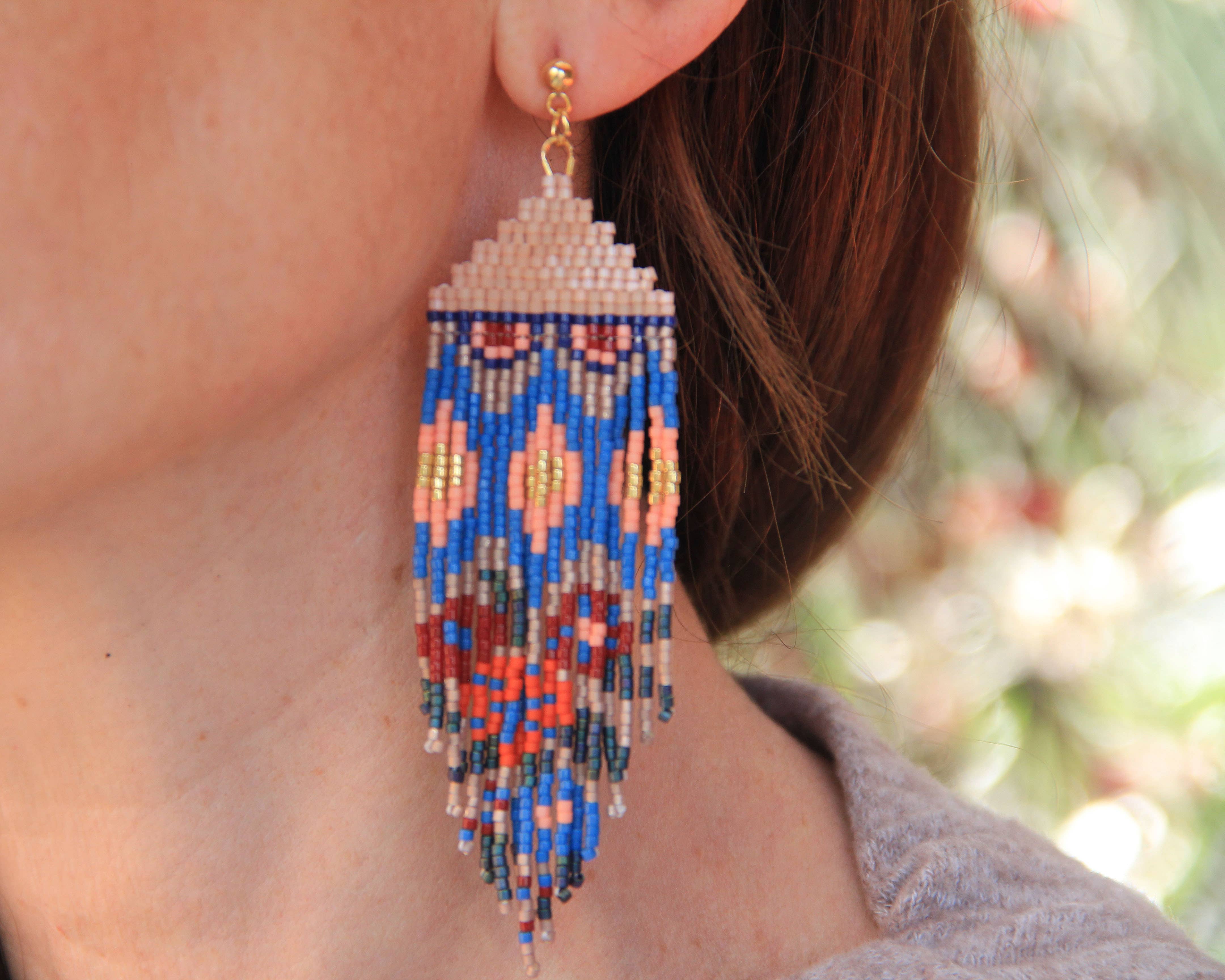 Beaded Handwoven Huipil Fringe Earrings (Ocean Sunset) - Image 3