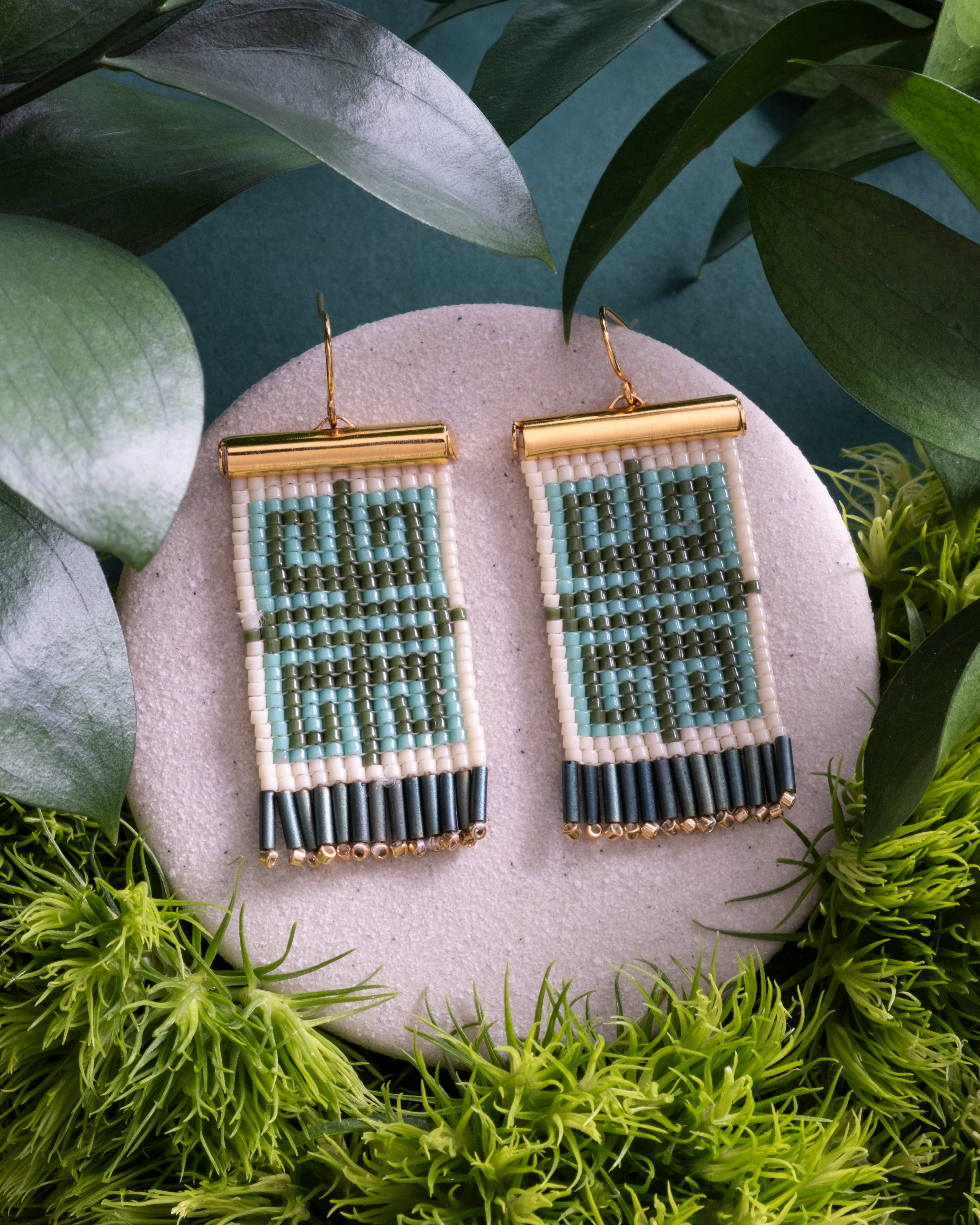 Beaded Handwoven Jungle Labyrinth Earrings (Green/Cream) - Image 2