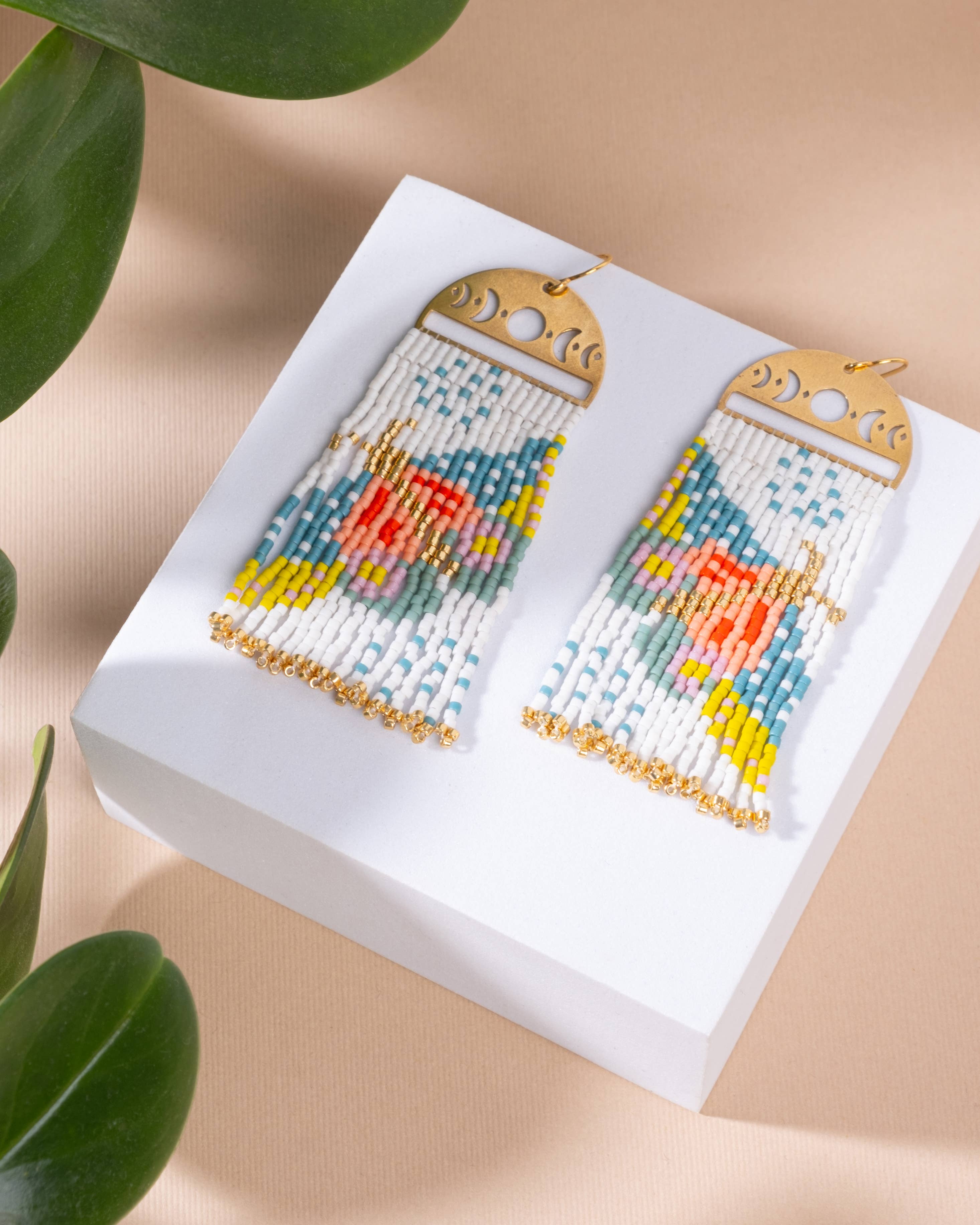 Beaded Handwoven Moonlit Moth Fringe Earrings (White) - Image 2