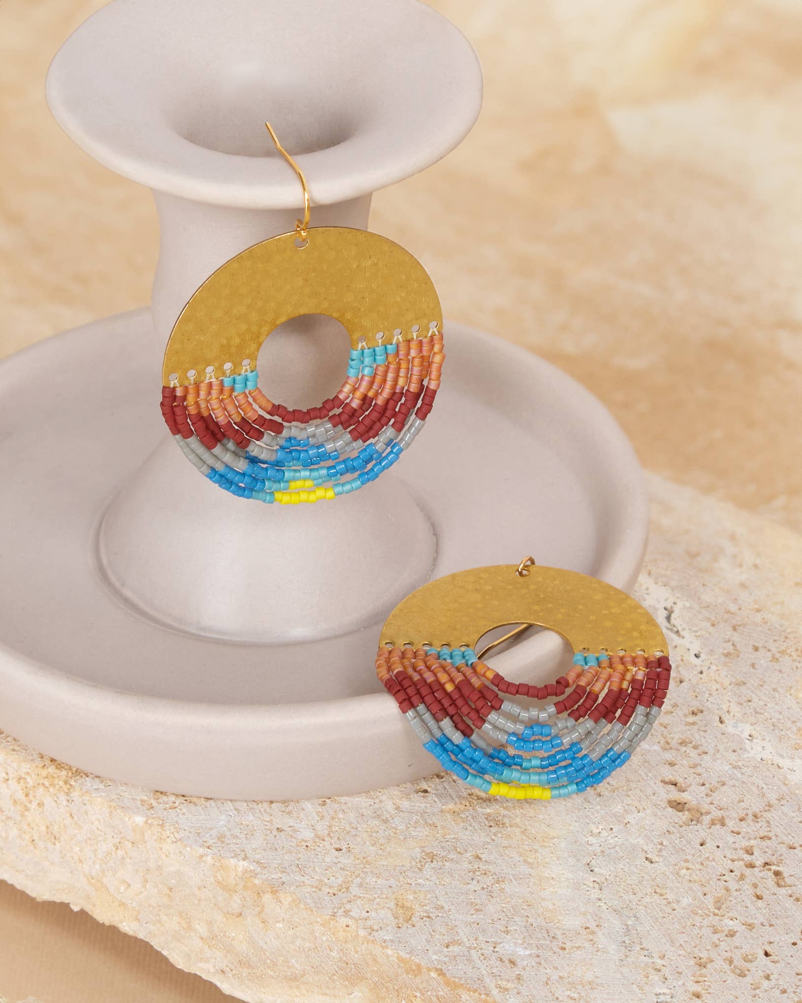 Beaded Handwoven Organic Circular Fringe Earrings (Blue) - Image 2
