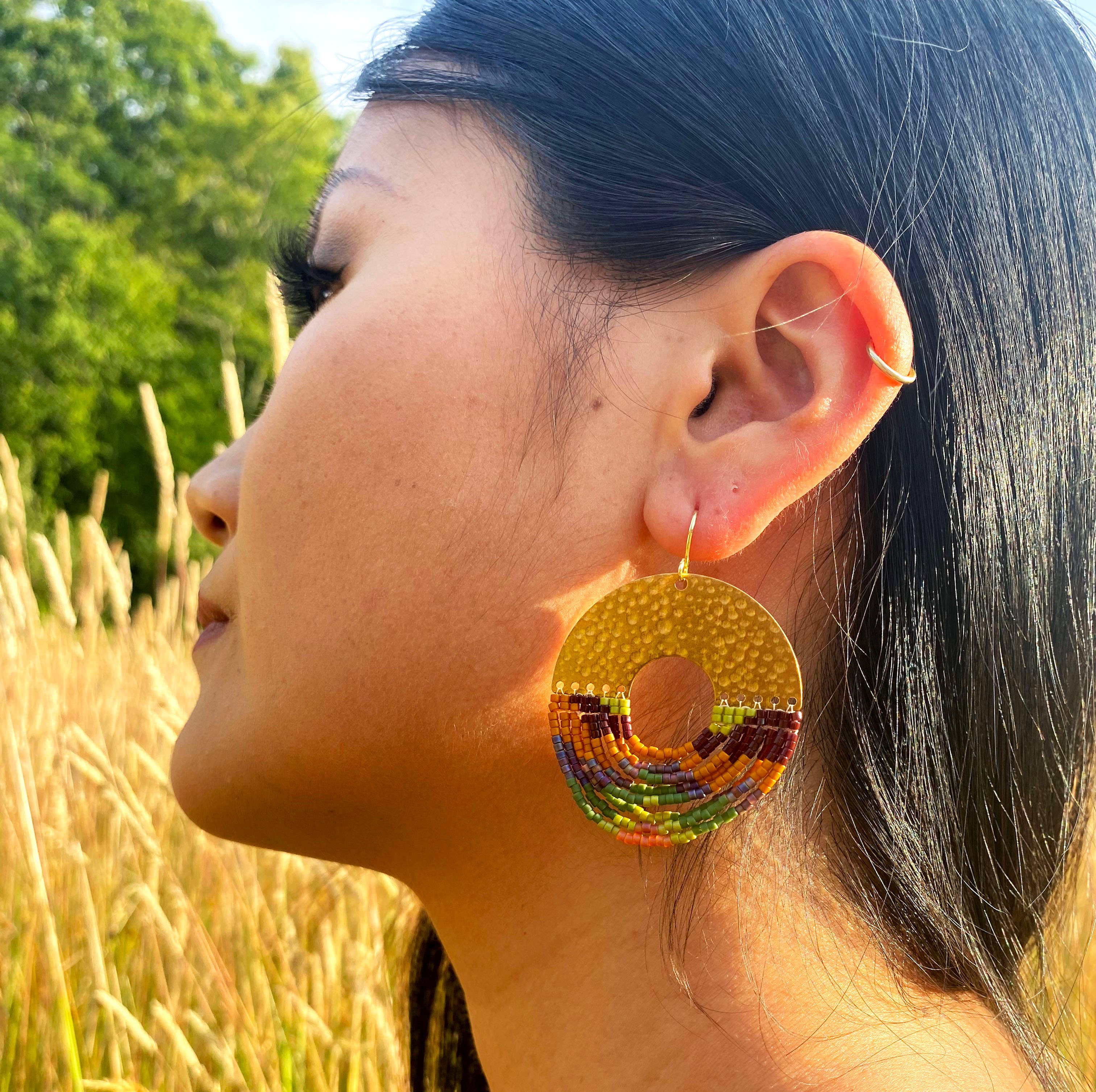 Beaded Handwoven Organic Circular Fringe Earrings (Green) - Image 4