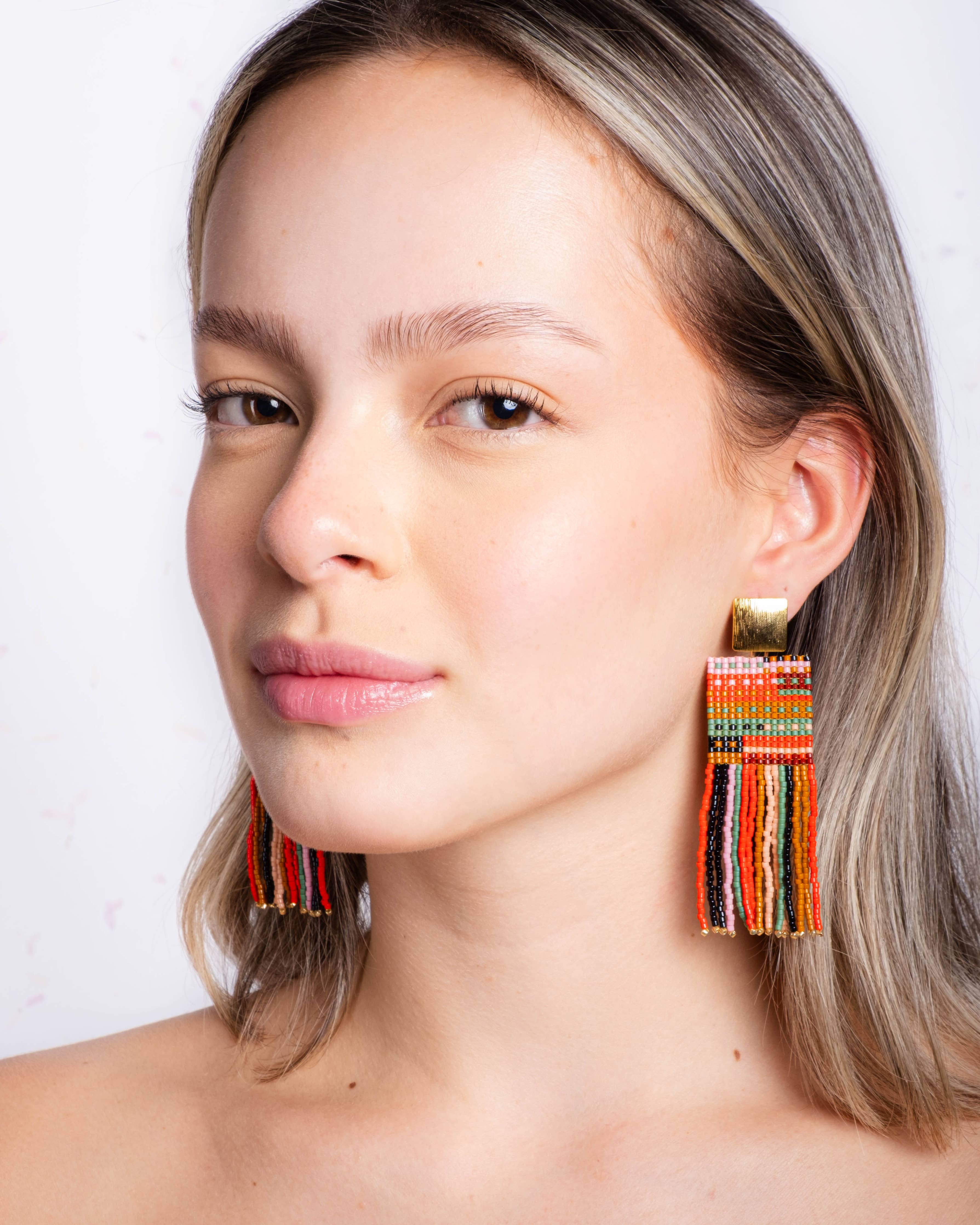 Beaded Handwoven Striped Knit Fringe Earrings (Warmed Earth) - Image 5