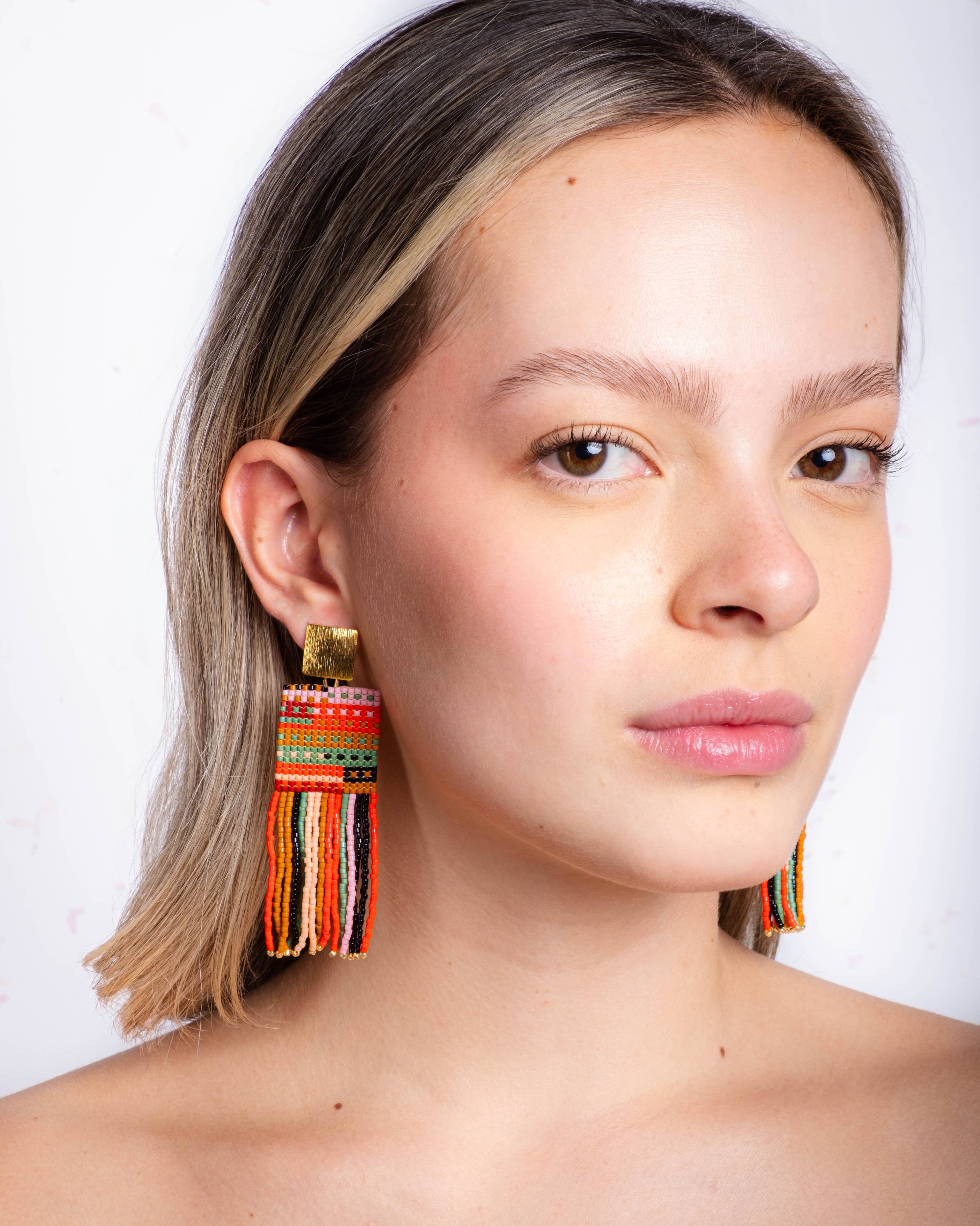 Beaded Handwoven Striped Knit Fringe Earrings (Warmed Earth) - Image 6