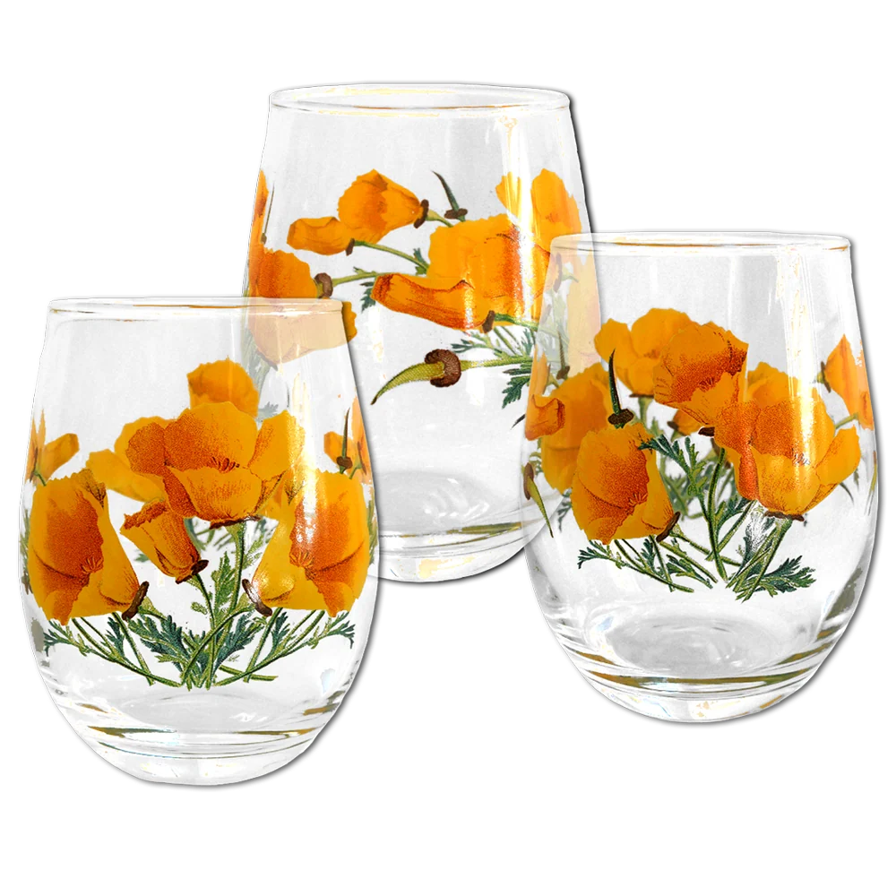 California State w/ Poppies Stemless Wine Glass