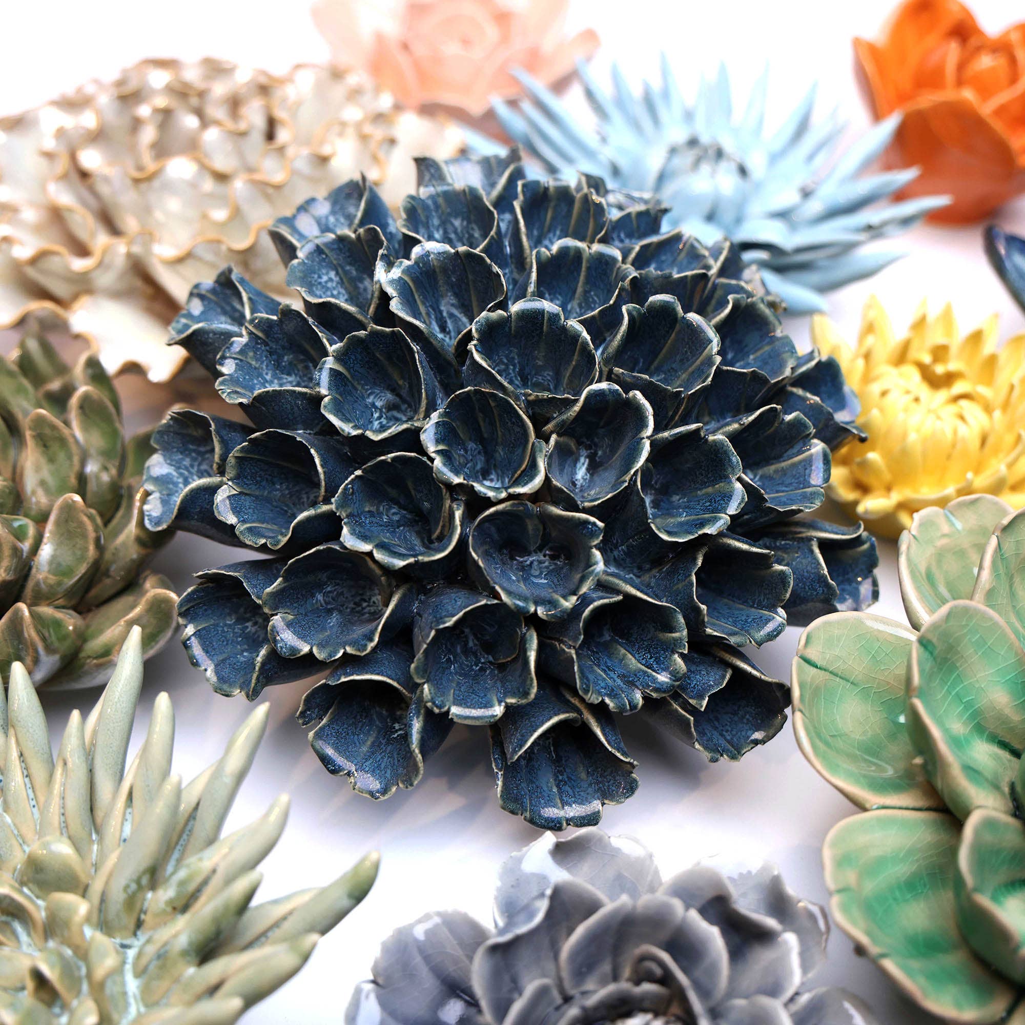 Ceramic Faux Flowers Succulents For Tabletop Or Wall Hangin: Peony Orange - Image 25