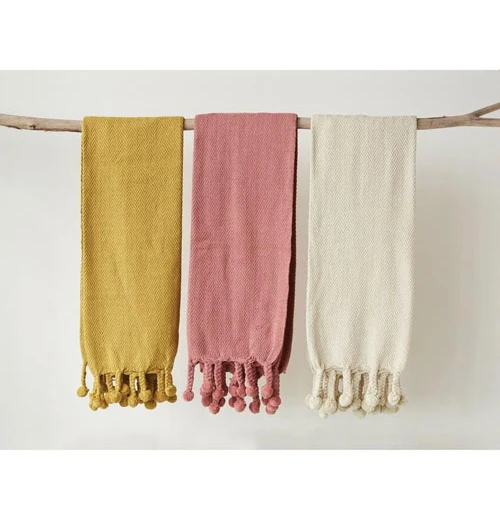 Cotton Throw with Pom Poms "Cream" - Image 2