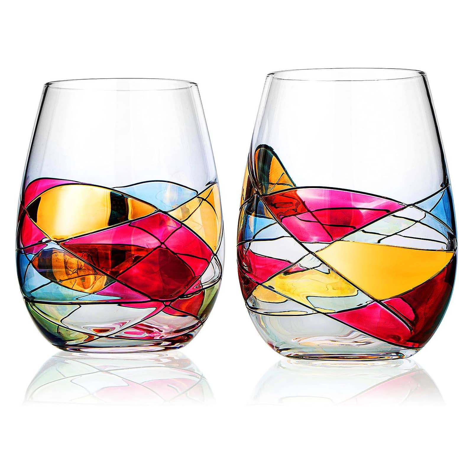 Hand Painted Renaissance Stemless Wine Glasses, Set of 2