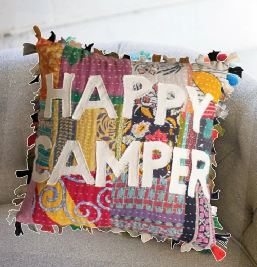 Pillow, Kantha "Happy Camper" - Image 2