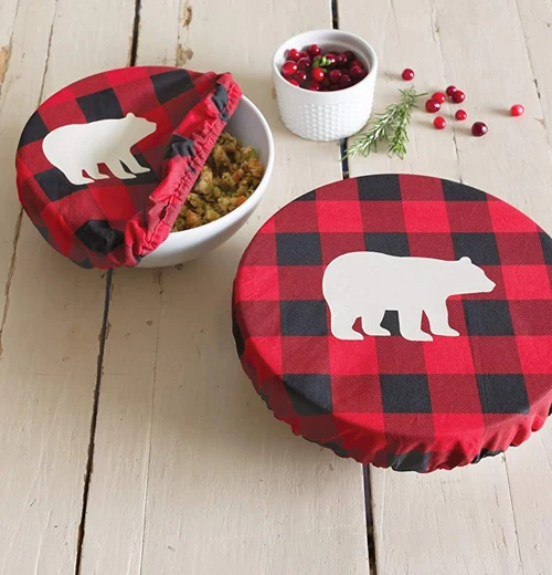 HOLIDAY Bowl Covers (Set of 2) "Buffalo Check Bear" - Image 3