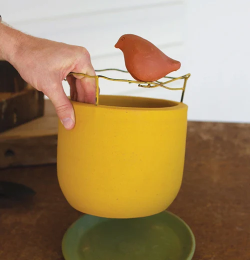 Planter, Wire & Clay w/ Perched Bird Detail - Image 2