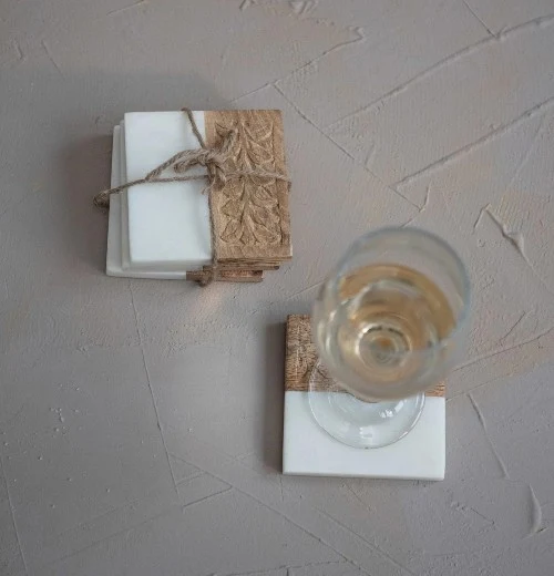Square Marble and Wood Carved Coasters - Image 2