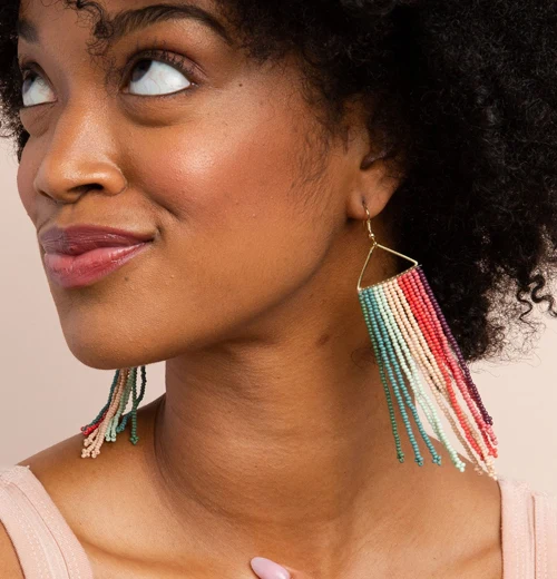Earrings, Dangle, Triangle "Pink Port Mint Teal Stripe Fringe" - Image 2